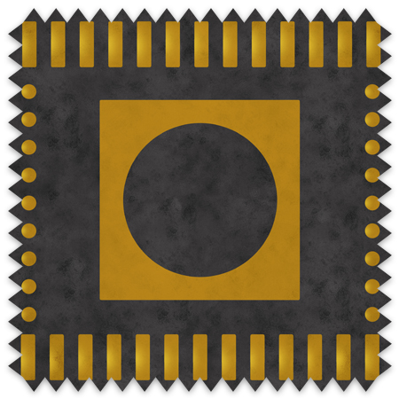 The artwork is a geometric design featuring a large square with a circular cutout level centered inside it. The square is mustard yellow, contrasting against a textured dark gray background. The composition is framed by alternating vertical yellow rectangles and small circles along the edges, creating a symmetrical border. The overall color palette is limited to mustard yellow and dark gray, contributing to a bold and minimalist aesthetic.